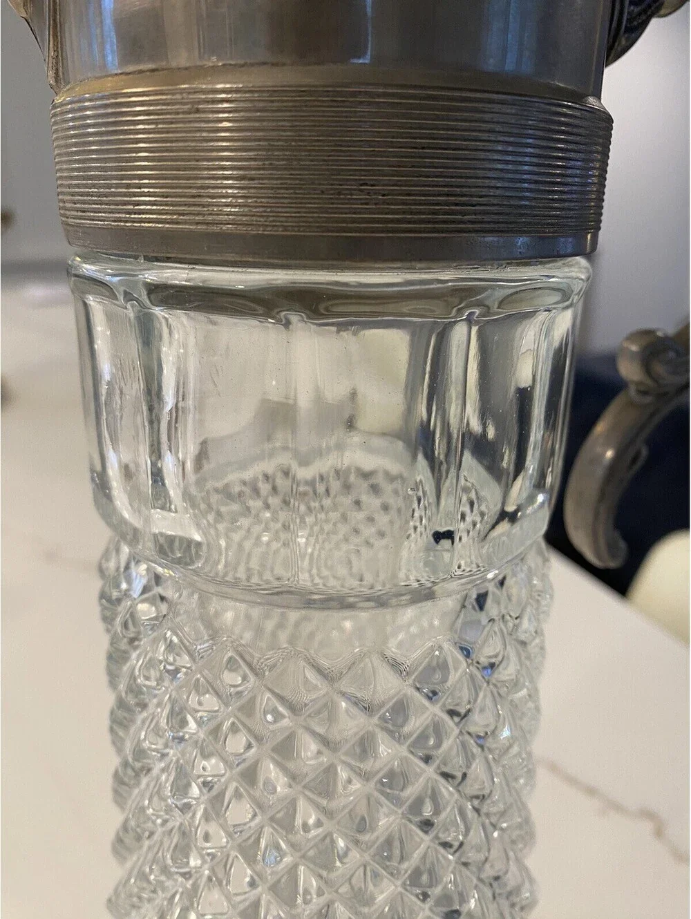Vintage Large Diamond Point Glass Silver Plated Top Decanter Pitcher Ice Tube